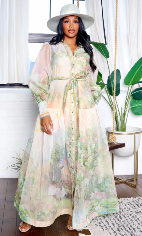 Emery | Floral Long Sleeve Belted Maxi Dress - Blush E1 sold by Cutely Covered