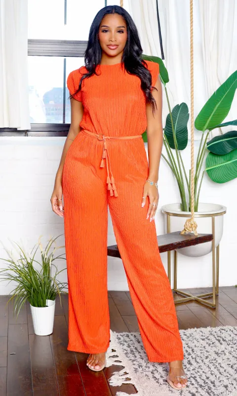 Athena | Crinkled Plissé Belt Tie Jumpsuit - Tomato Red sold by Cutely Covered