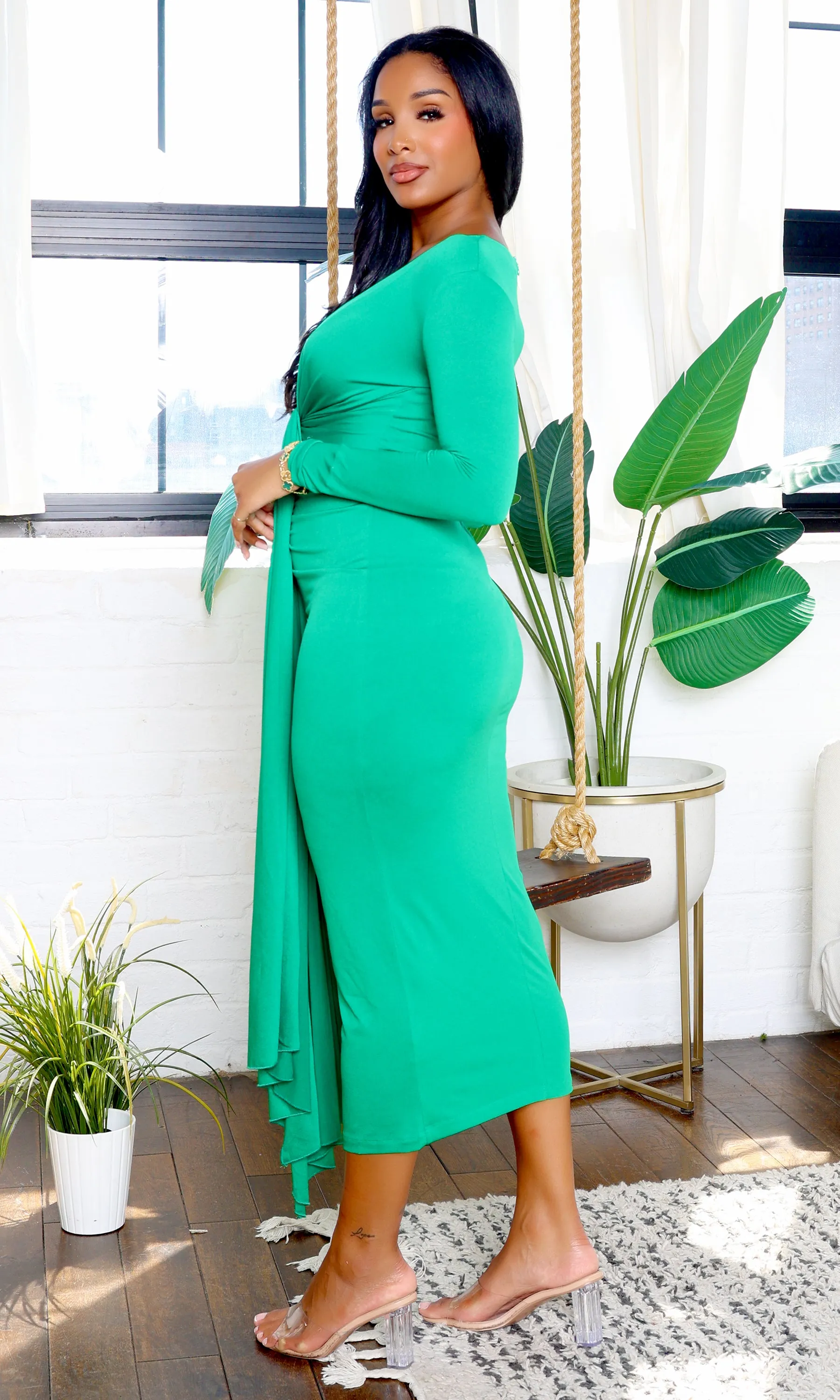 Eloise | Long Sleeve V-Neck Maxi Dress with Front Tie - Green sold by Cutely Covered product image thumbnail 5