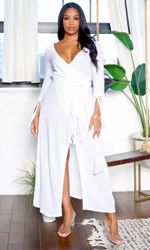 Dinah | Long Tassel Sleeve V-Neck Wrap Maxi Dress - White sold by Cutely Covered