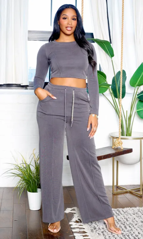 Parker | Long Sleeve Crop Top and Wide Leg Pants Set - Grey sold by Cutely Covered