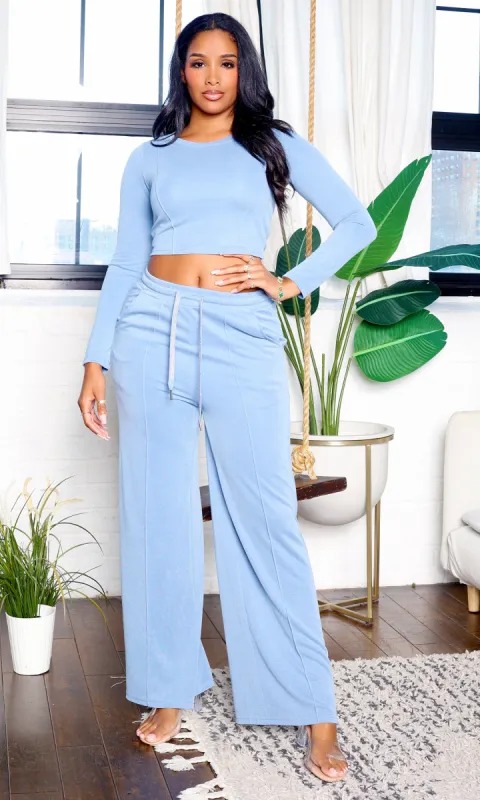 Parker | Long Sleeve Crop Top and Wide Leg Pants Set - Blue sold by Cutely Covered