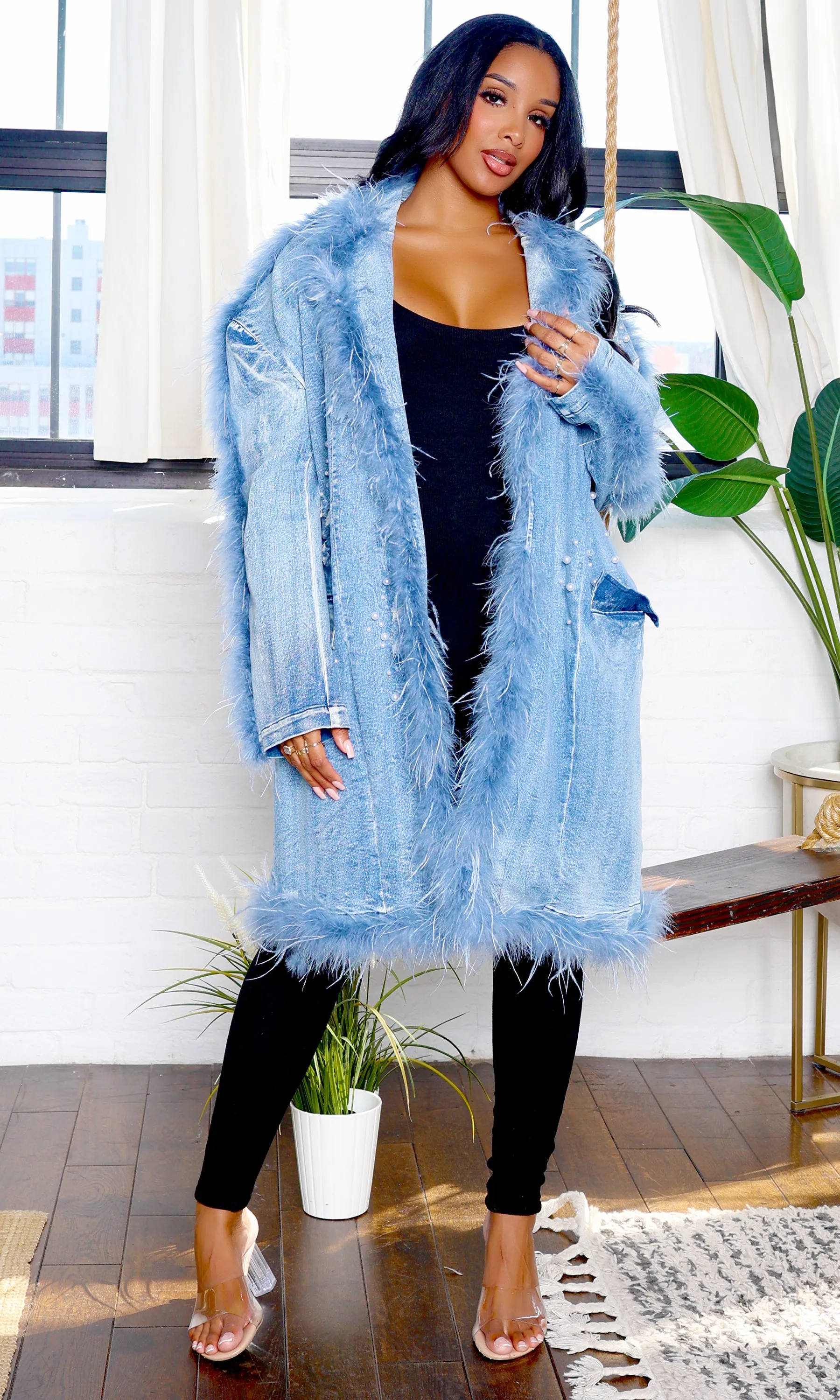 Ayla | Fur Trim Long Denim Jacket PREORDER Ships End November sold by Cutely Covered