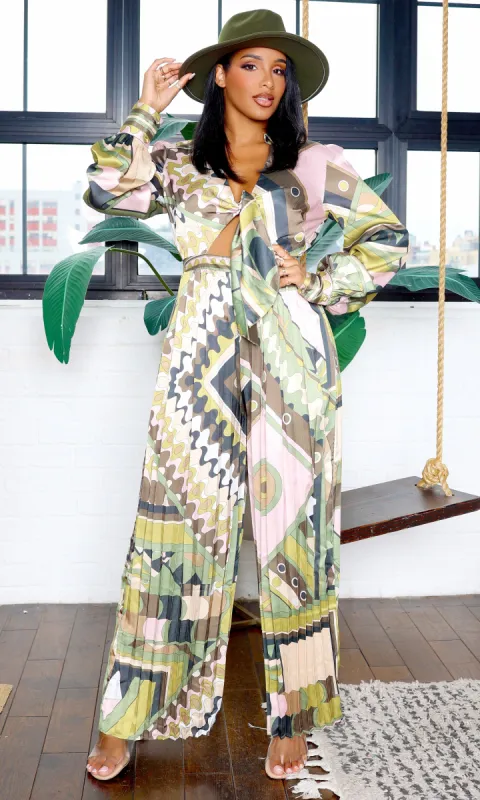 Anastasia | Geometric Print Satin Jumpuit Set - Olive Multi sold by Cutely Covered