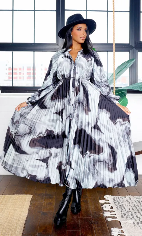 Blakely | Abstract Print Pleat Belted Maxi Dress - Multicolor sold by Cutely Covered