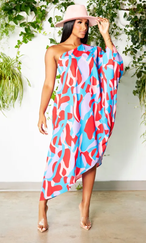 Asymmetrical One Sleeve Dress - Blue Print sold by Cutely Covered