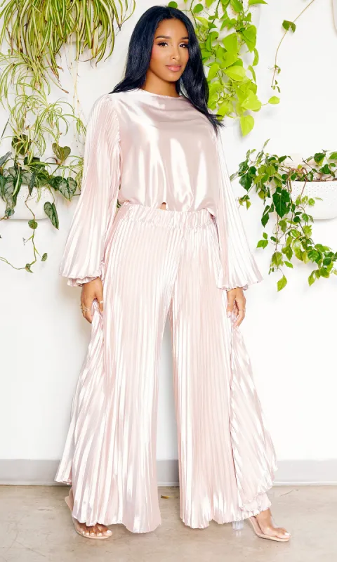Pleated Chic | Long Sleeves Satin Set - Champagne sold by Cutely Covered