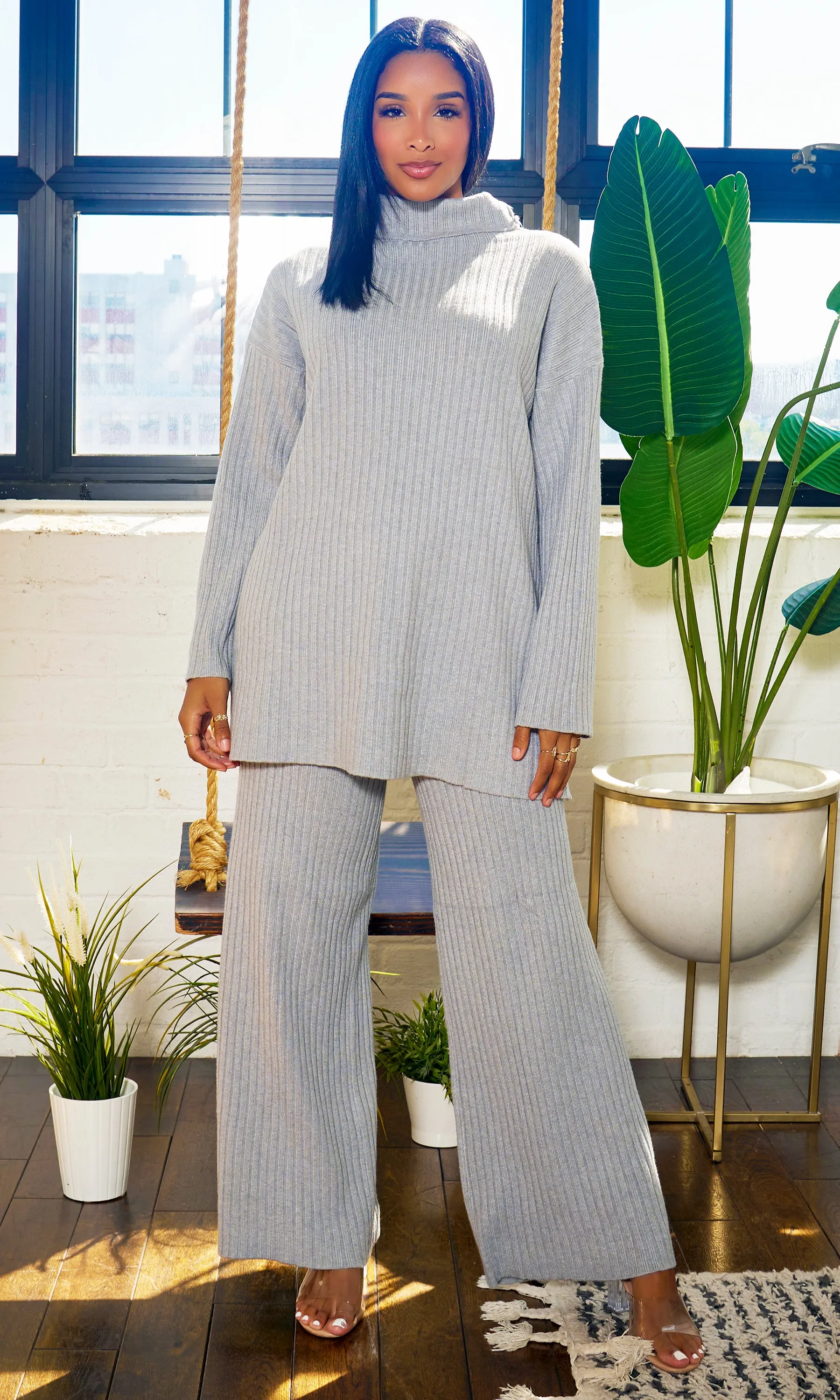 That Thique | Ribbed Mock Turtle Neck Set - Grey sold by Cutely Covered