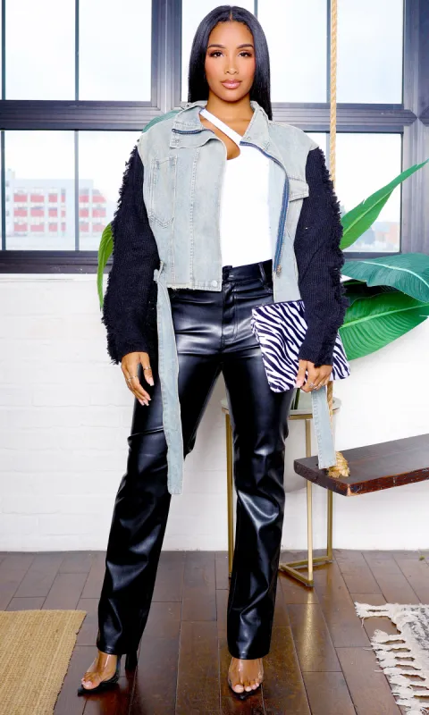 Alana | Knitted Sleeves Cropped Denim Jacket - Black sold by Cutely Covered