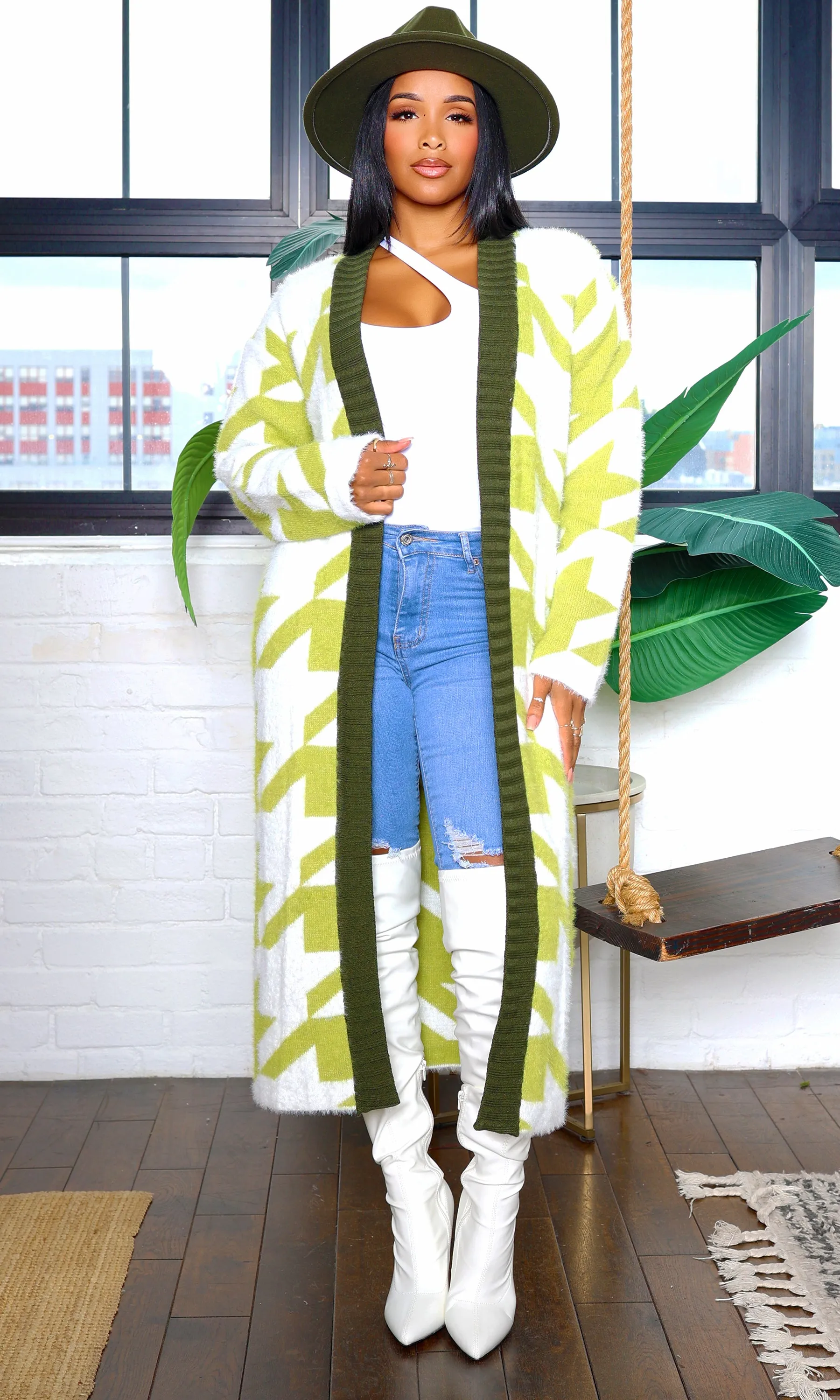 Houndstooth Detail Cardigan - Olive sold by Cutely Covered product image thumbnail 5