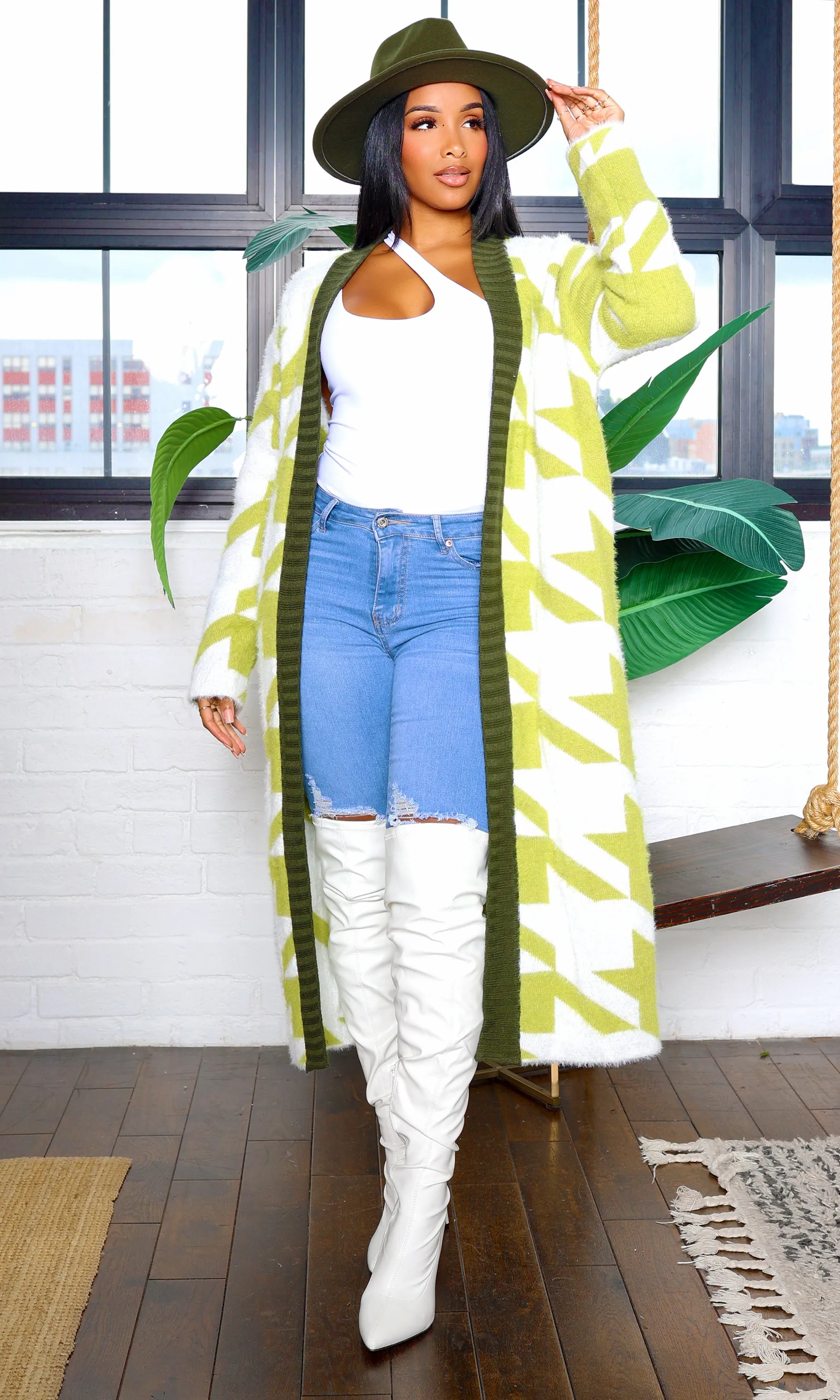 Houndstooth Detail Cardigan - Olive sold by Cutely Covered product image thumbnail 3