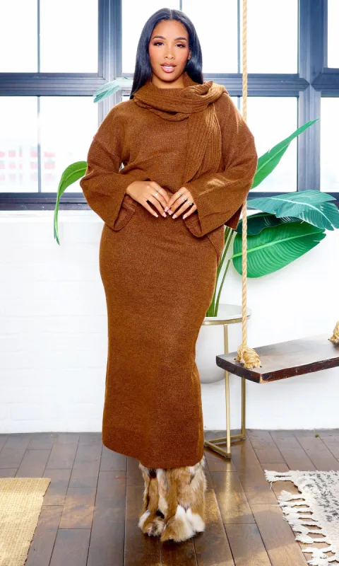 Hallie | Crew Neck Drop-Shoulder Sweater & Ribbed Scarf  Skirt Set- Mocha sold by Cutely Covered