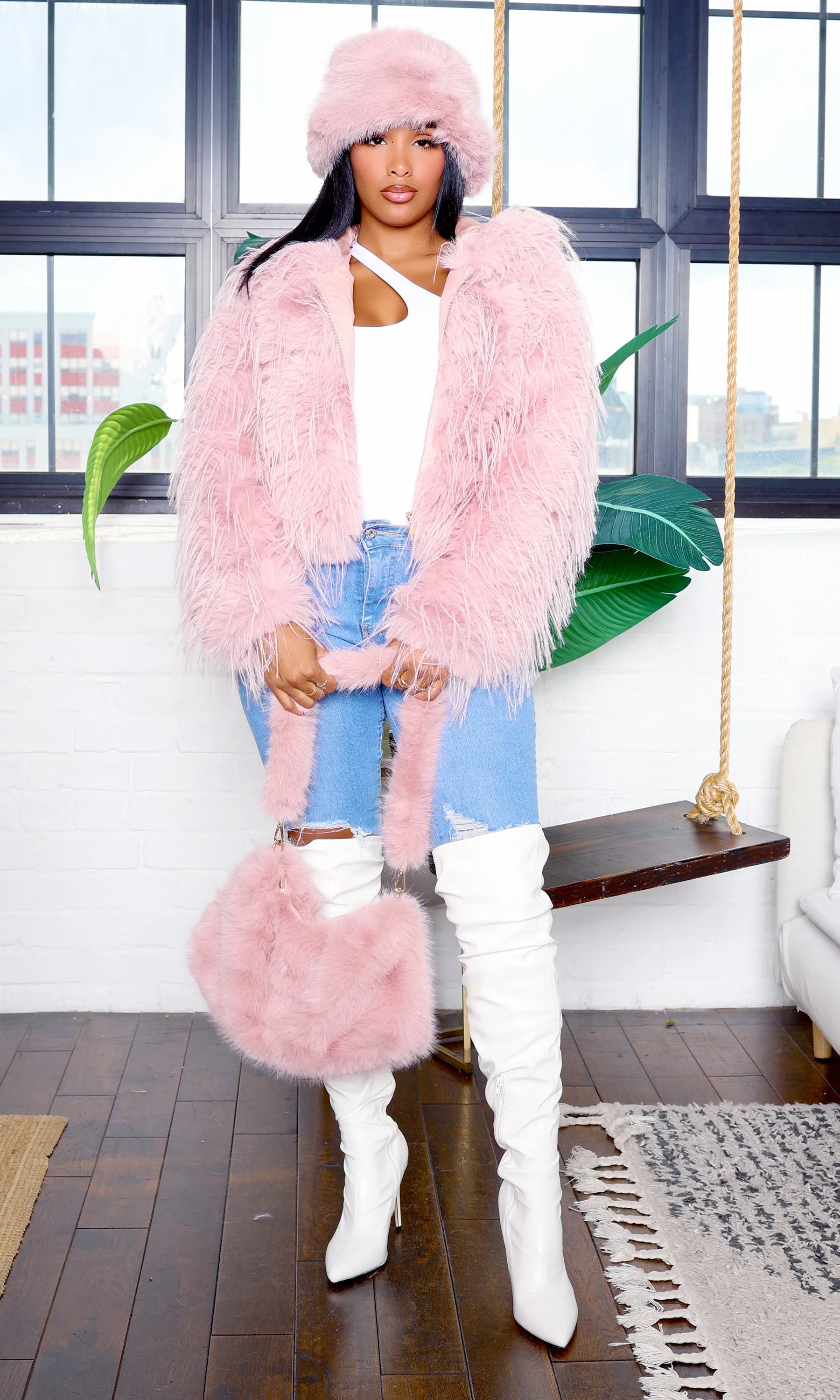 Phoebe | Luxe Faux Fur Hooded Jacket - Skin Pink sold by Cutely Covered product image thumbnail 5