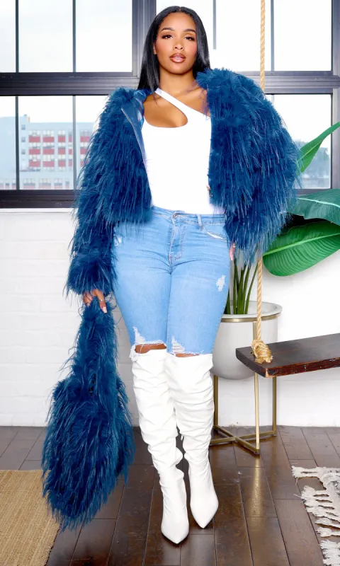 Phoebe | Luxe Faux Fur Hooded Jacket - Navy sold by Cutely Covered