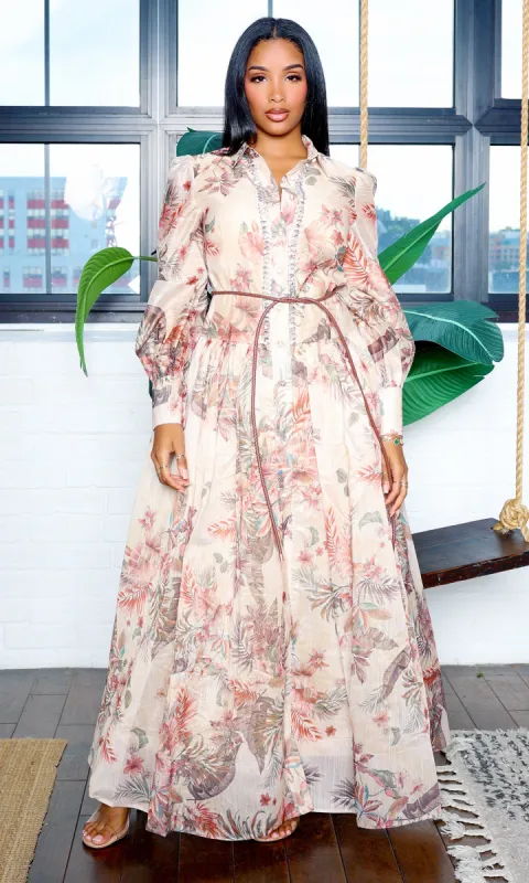 Helen|Button Collar Long Sleeve Floral Print Dress - Oatmeal sold by Cutely Covered