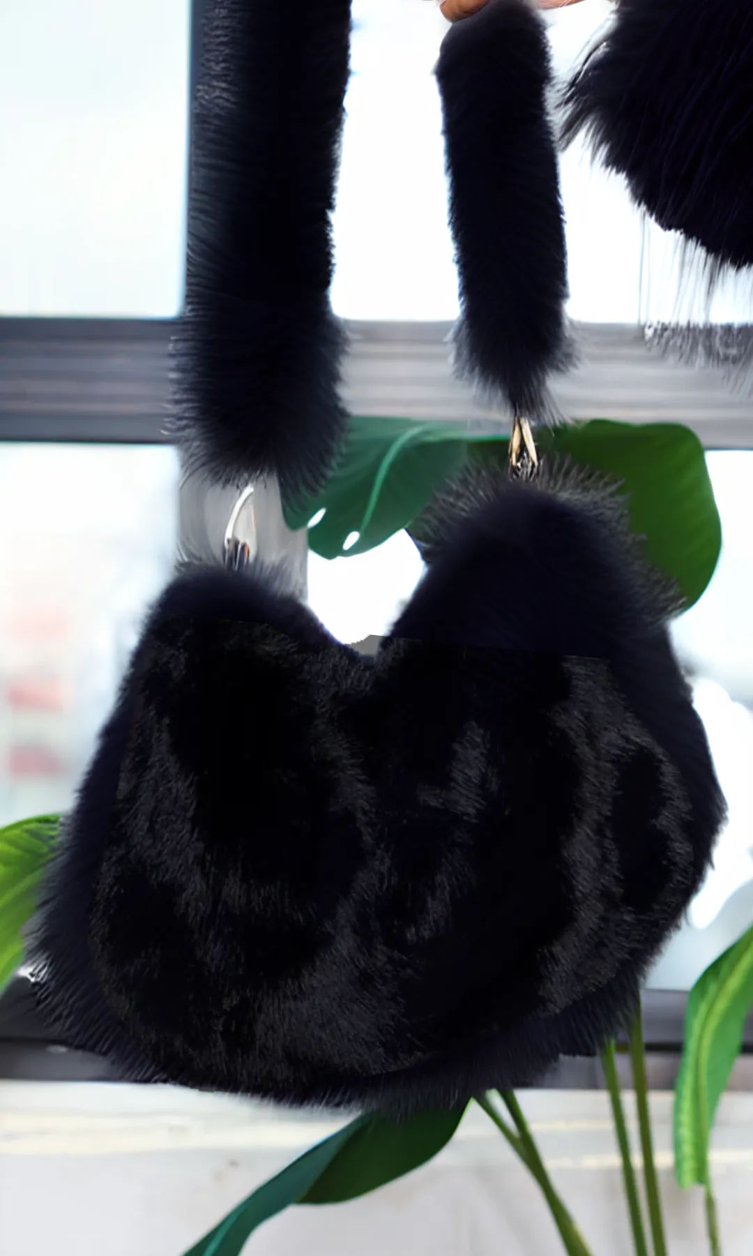 Faux Fur Shoulder Bag with Chain Strap - Black sold by Cutely Covered