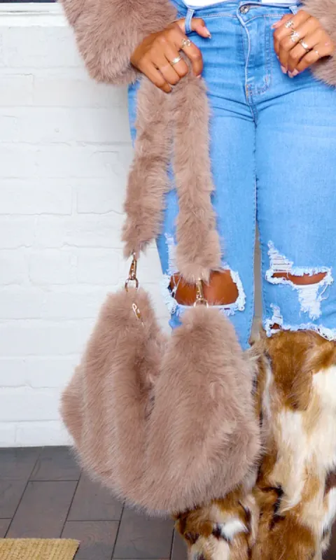 Faux Fur Shoulder Bag with Chain Strap - Taupe sold by Cutely Covered