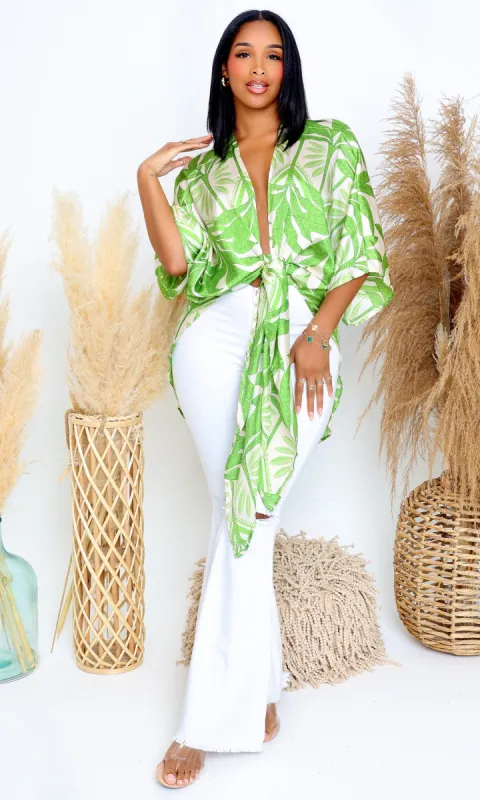 Laura| Verdant Leaf Print Kimono - Lush Green sold by Cutely Covered