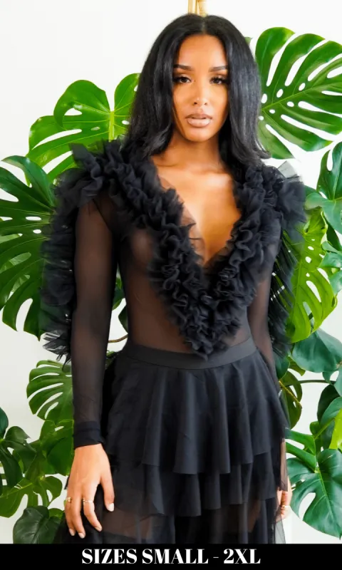 Play No Games | Ruffle Bodysuit- Black sold by Cutely Covered