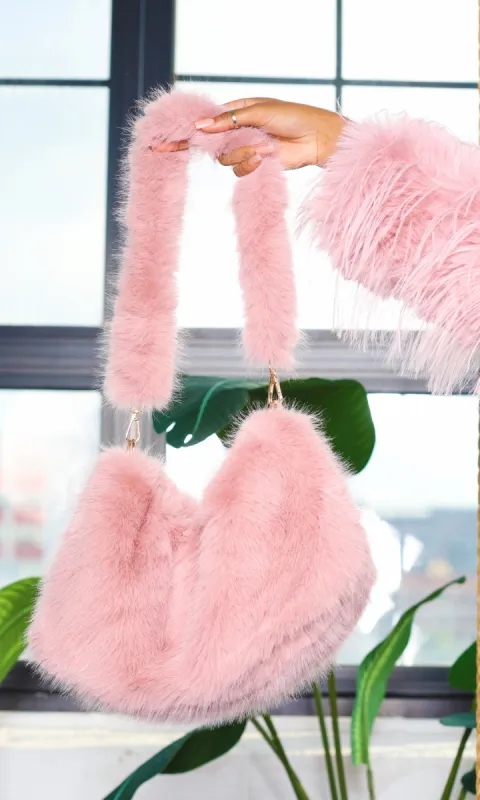 Faux Fur Shoulder Bag with Chain Strap - Skin Pink sold by Cutely Covered