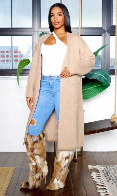 Lilah | Open Front Cardigan with Pockets - Khaki sold by Cutely Covered