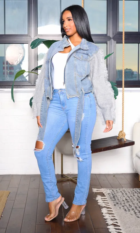 Alana | Knitted Sleeves Cropped Denim Jacket - Gray sold by Cutely Covered