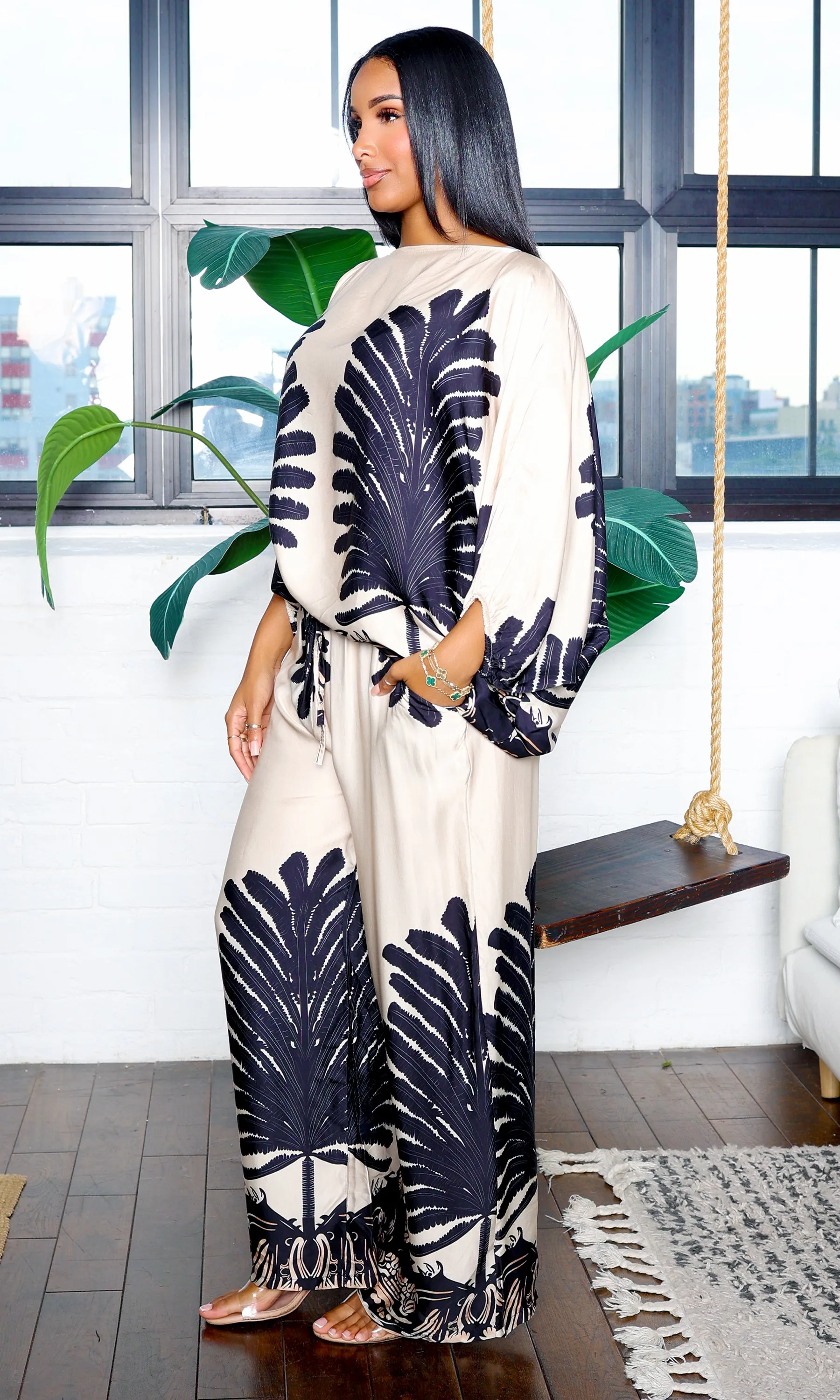 Amy | Long Sleeve Palm Tree Print Top and Pants Set sold by Cutely Covered product image thumbnail 2