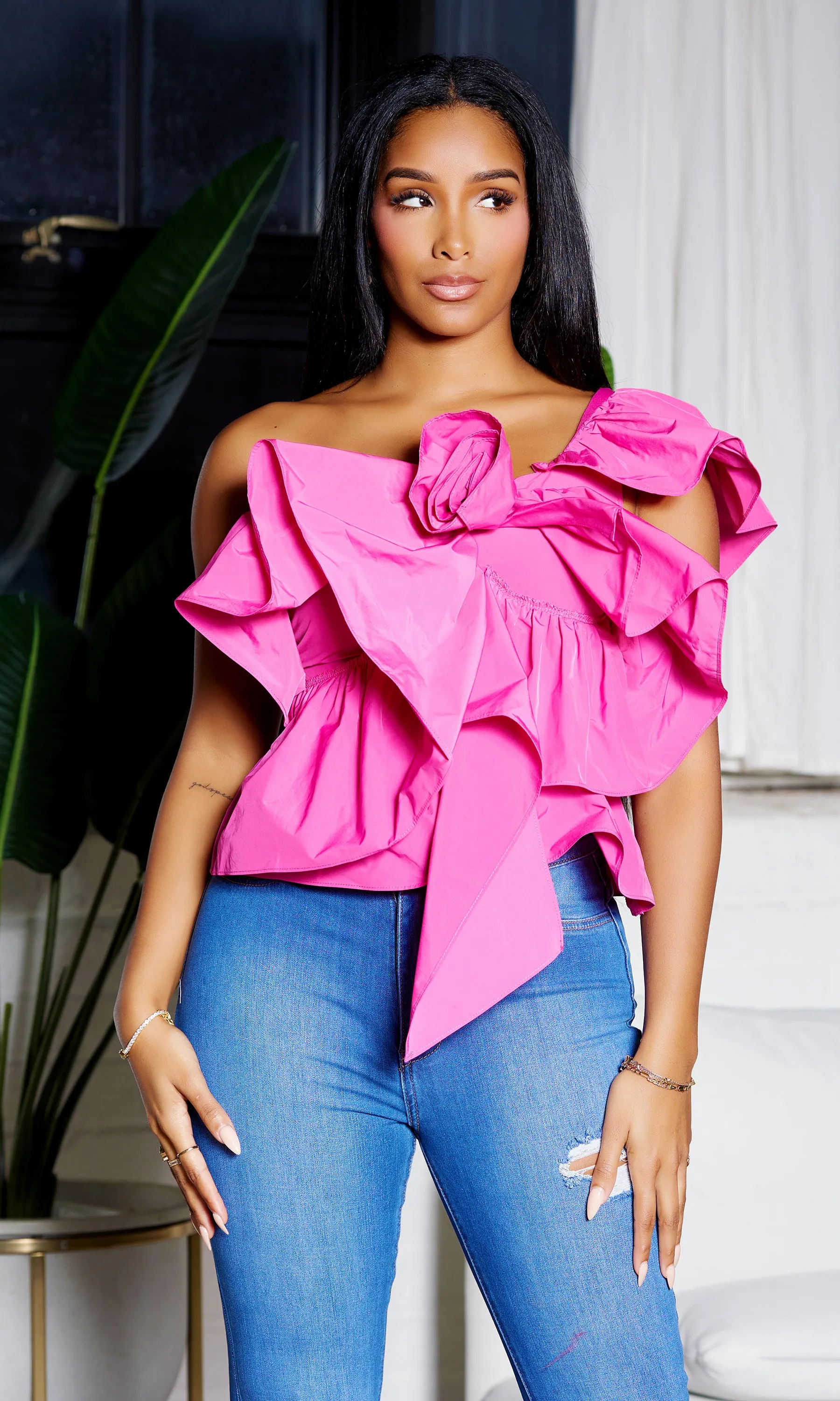 Ruffled One shoulder Top - Fuchsia Final Sale sold by Cutely Covered