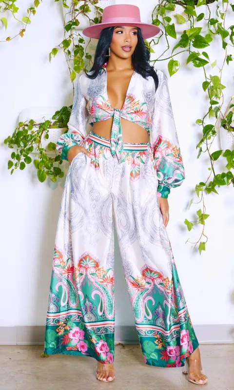 Soft Life | Printed Satin Pants Crop Top Set sold by Cutely Covered
