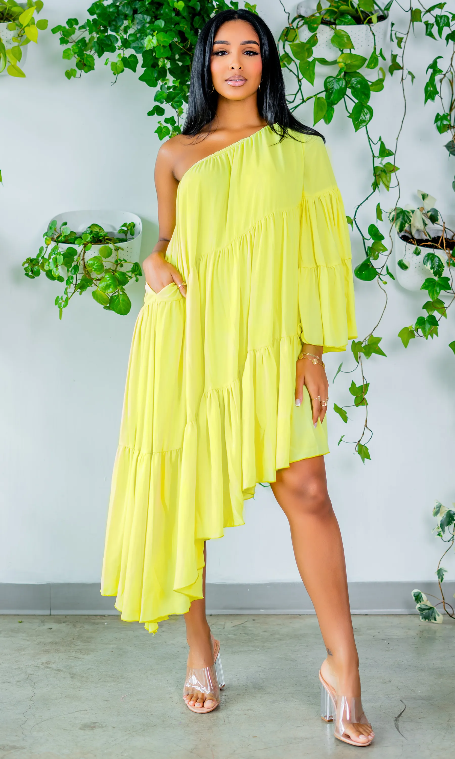 Asymmetrical One Sleeve Lime Dress sold by Cutely Covered