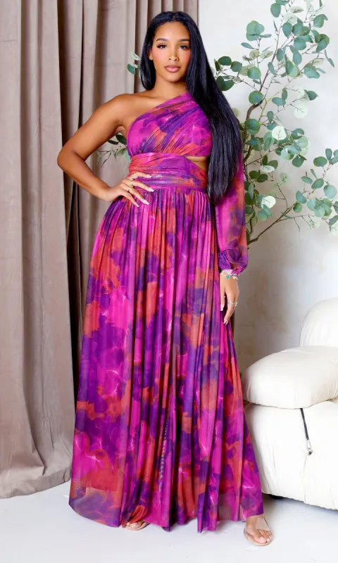 Naia | Mesh One-Sleeve Flowing Maxi Dress - Purple Multi sold by Cutely Covered