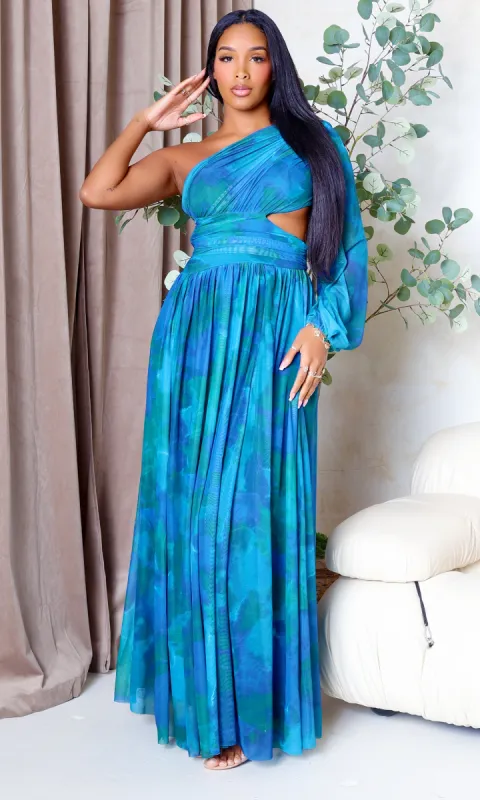 Naia | Mesh One-Sleeve Flowing Maxi Dress - Teal Multi sold by Cutely Covered