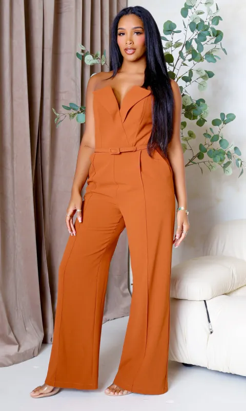 Harlow Woven Belted Tuxedo Jumpsuit - Rust H4 sold by Cutely Covered