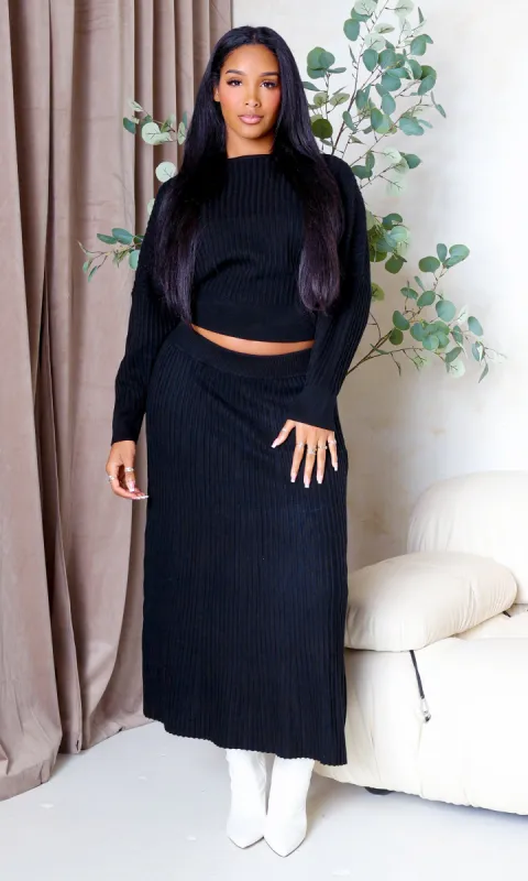 Nia | Boat Neck Sweater & Ribbed Knit Skirt Set - Black sold by Cutely Covered