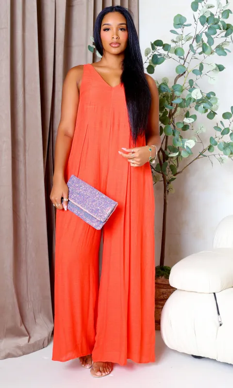 V-Neck Woven Jumpsuit - Orange sold by Cutely Covered