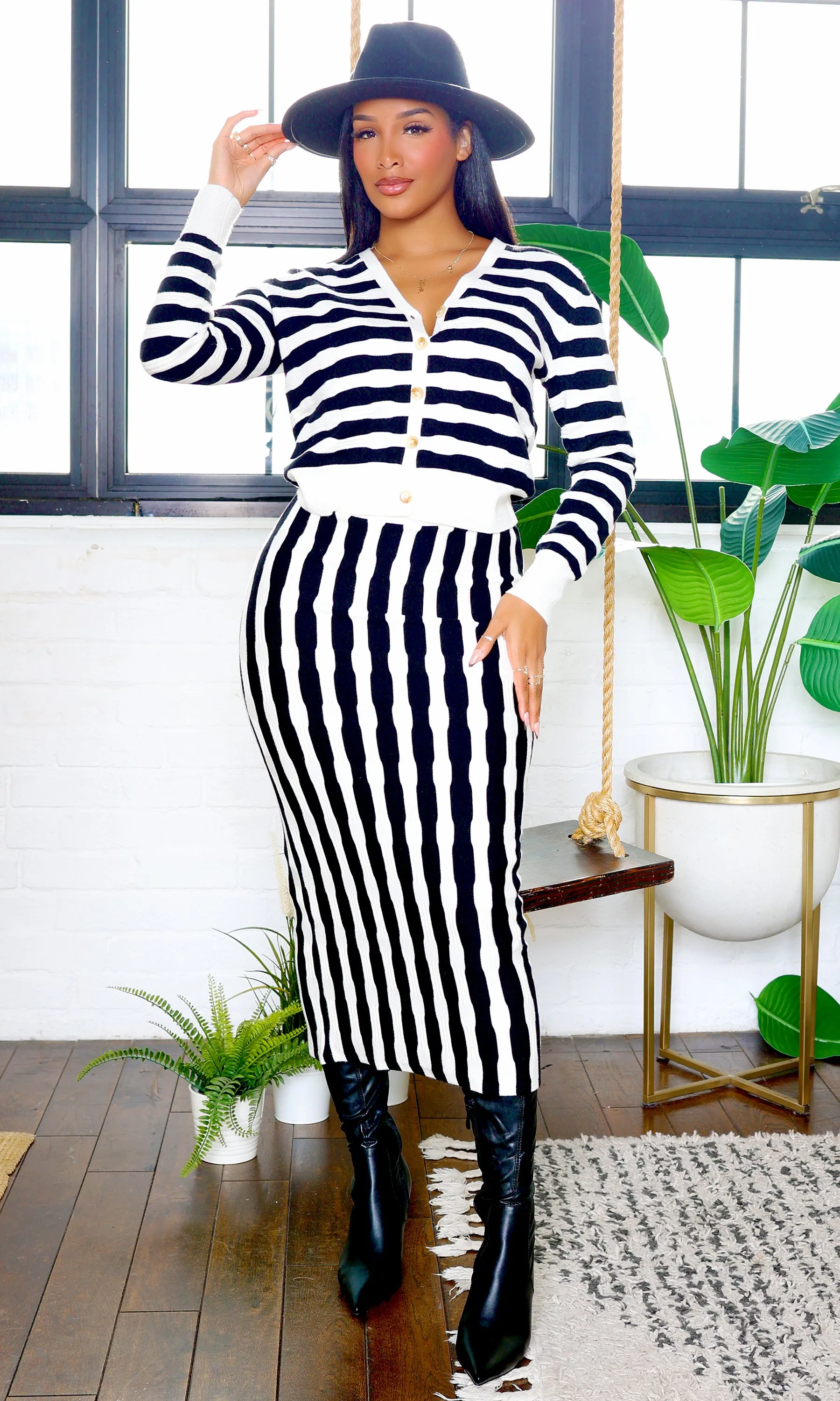 Camille Knit Bubble Stripe Cardigan Midi Skirt Set - Black/White sold by Cutely Covered product image thumbnail 3