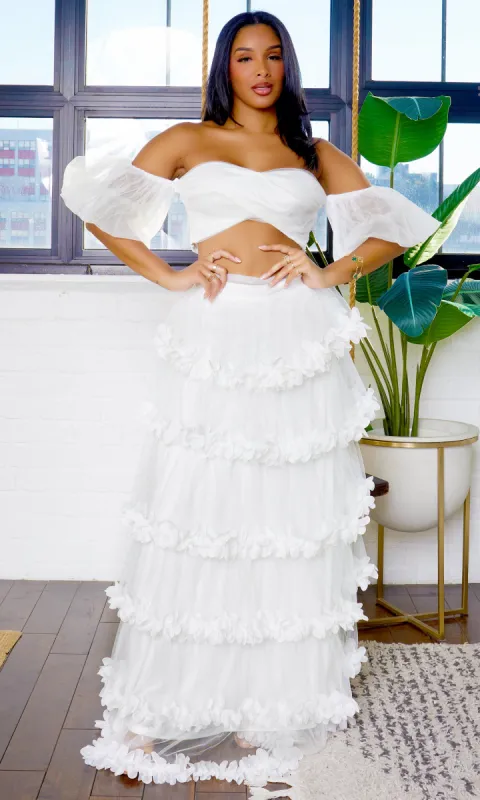 Gabriela Off Shoulder Puff Sleeve Crop Top Ruffles Long Skirt Set - White G2 sold by Cutely Covered