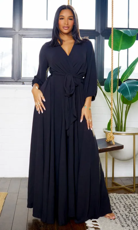 Aubree V-cut long sleeve Flowy Maxi Dress - Black sold by Cutely Covered
