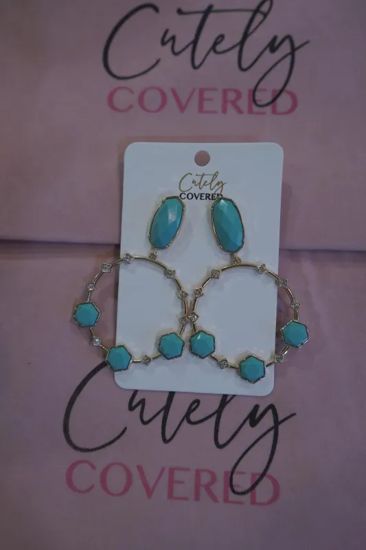 Royal Turquoise & Clear Stone Hoop Earrings made by Cutely Covered