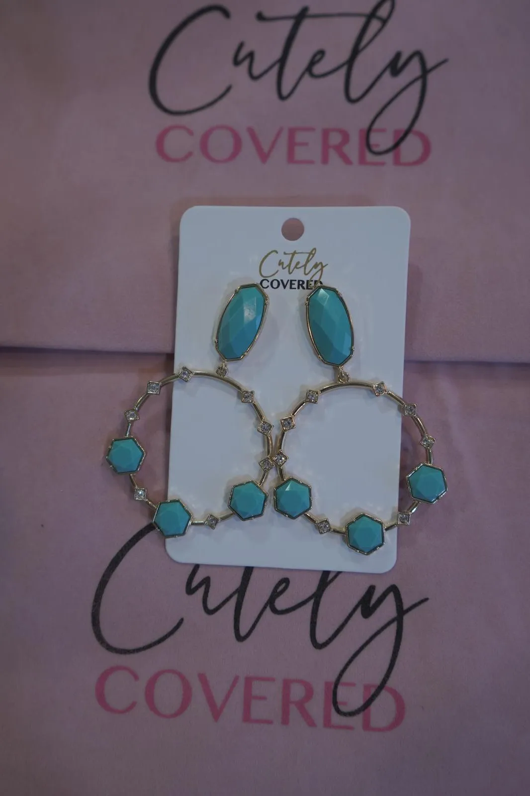 Royal Turquoise & Clear Stone Hoop Earrings sold by Cutely Covered