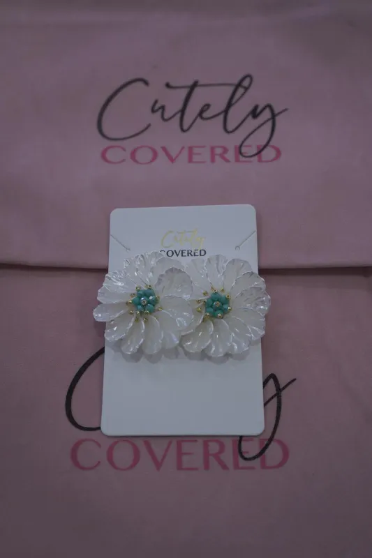 White Pearlescent Flower Earrings sold by Cutely Covered