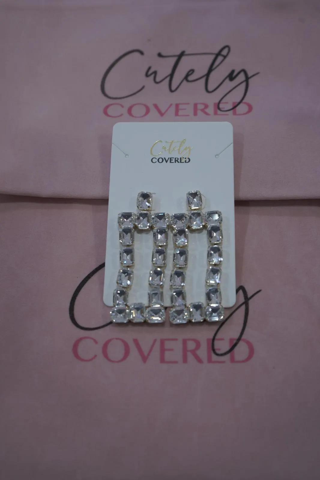 Geometric Rectangular Crystal Earrings sold by Cutely Covered