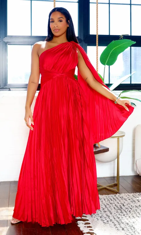 Lucille One-Shoulder Pleated Maxi Dress - Red L5 sold by Cutely Covered