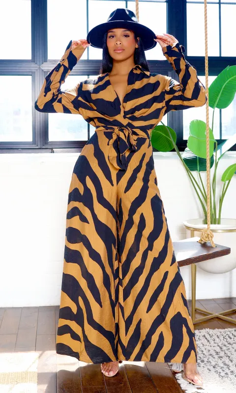 Amari Safari Tie Jumpsuit- Caramel/Black sold by Cutely Covered