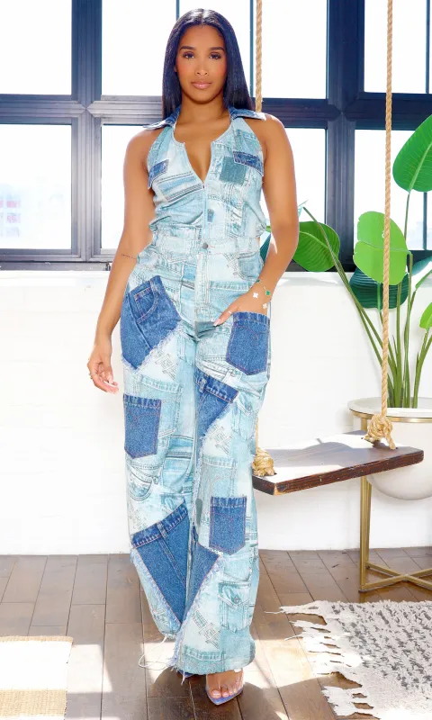Amina Patchwork Denim Halter Top and Wide-Leg Pants Set sold by Cutely Covered