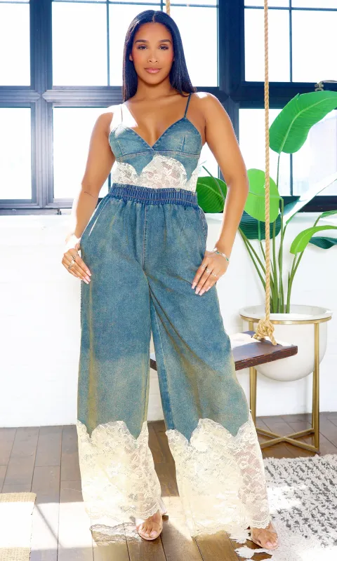Tessa Lace Detail Denim Jumpsuit sold by Cutely Covered