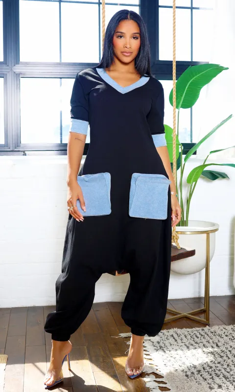 Julianna Cargo Jumpsuit - Black/ Denim sold by Cutely Covered