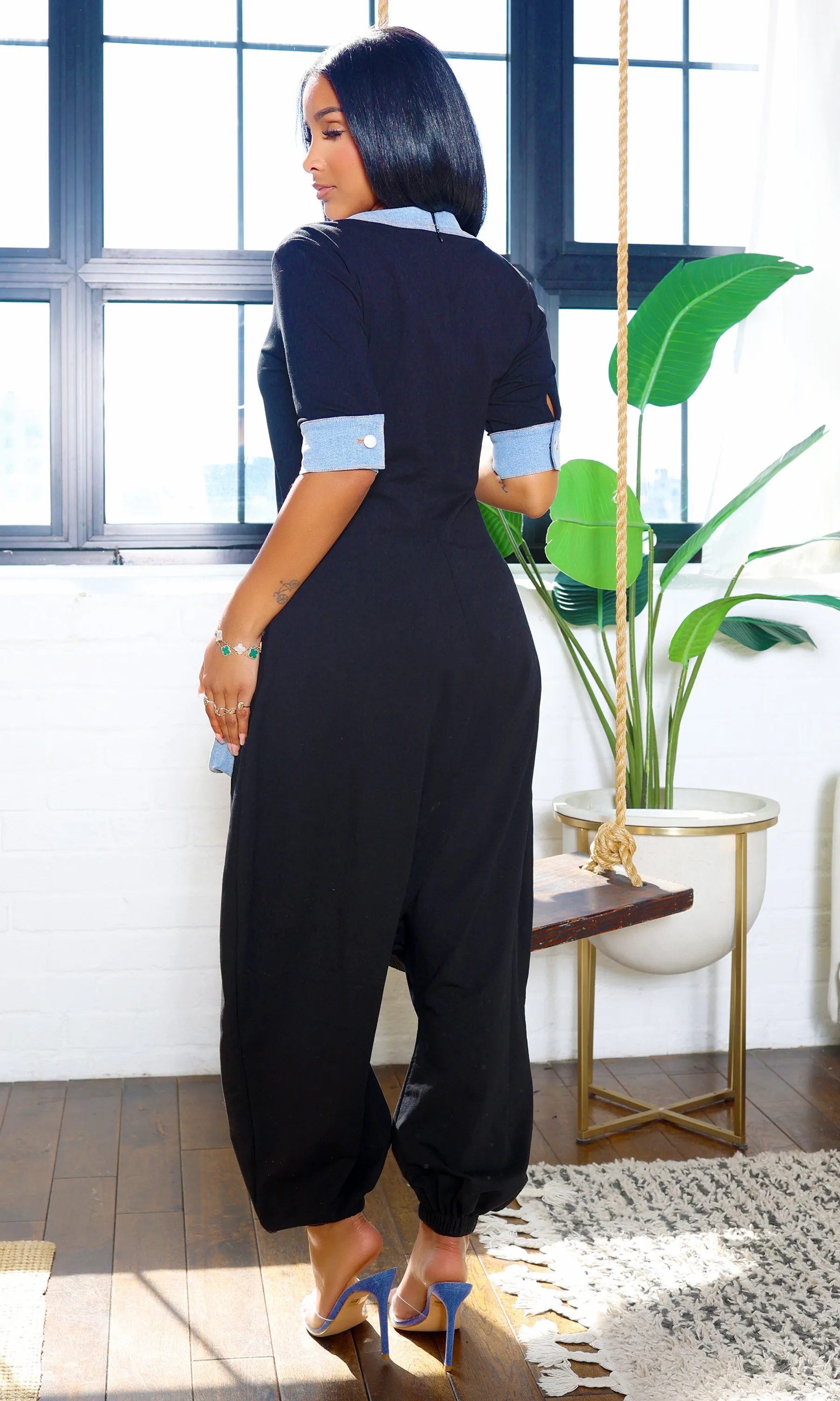 Julianna Cargo Jumpsuit - Black/ Denim sold by Cutely Covered product image thumbnail 2