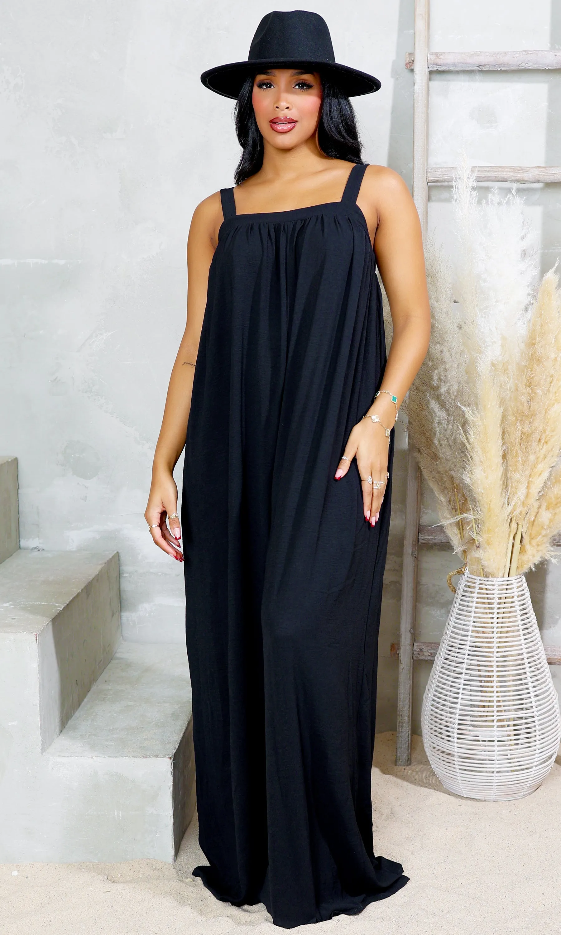 Square Neck Woven Jumpsuit - Black sold by Cutely Covered