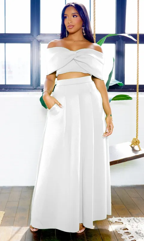Veronica | Off The Shoulder Crop Skirt Set - White sold by Cutely Covered